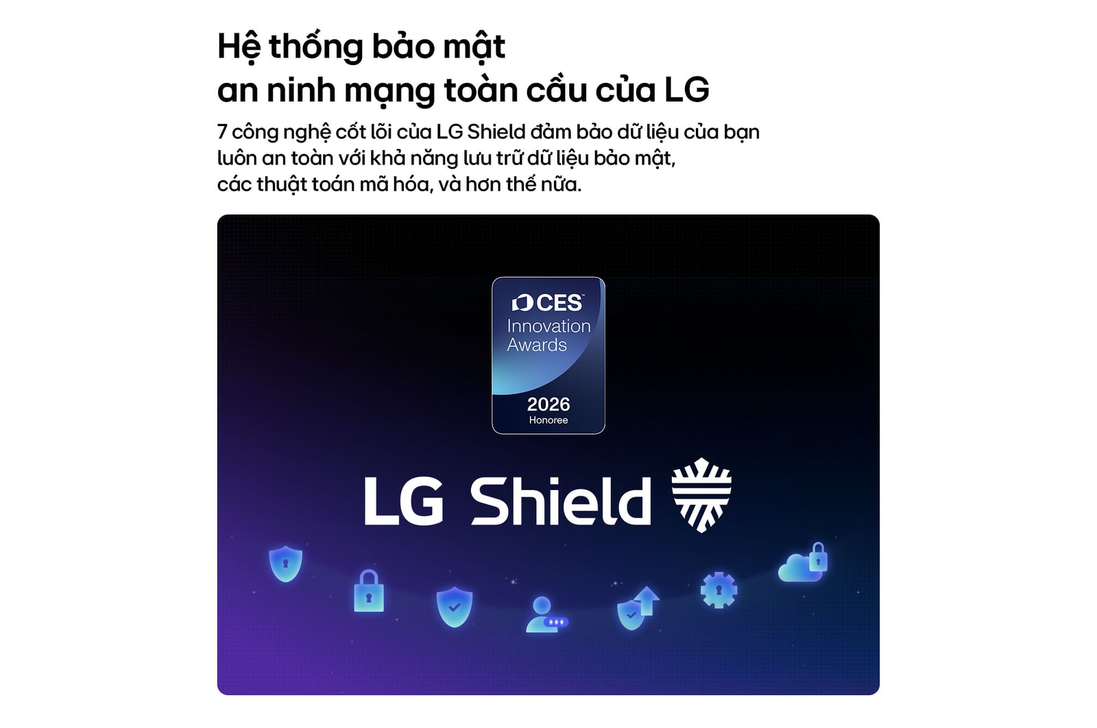 LG Shield, applied to LG OLED AI B6, is shown with an LG Shield logo at the center, security icons below, and a 2026 CES Innovation Awards Honoree badge above, representing data and system protection.
